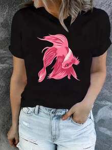 Camiseta de verano para mujer, de manga corta y estampada, moderna y casual, lavable a máquina, ajuste cómodo, estampado plano 2D. - Negro_01 - Ver 12