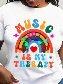 Camiseta Musical para Mujer con Arcoíris y el Eslogan 'La Música es Mi Pasión' - Camiseta Casual de Manga Corta y Corte Holgado, con Estampado de Notas Musicales y Clave de Sol, Camiseta Negra para Terapeutas, Músicos, Concientización sobre Salud Mental - Blanco - Ver 1