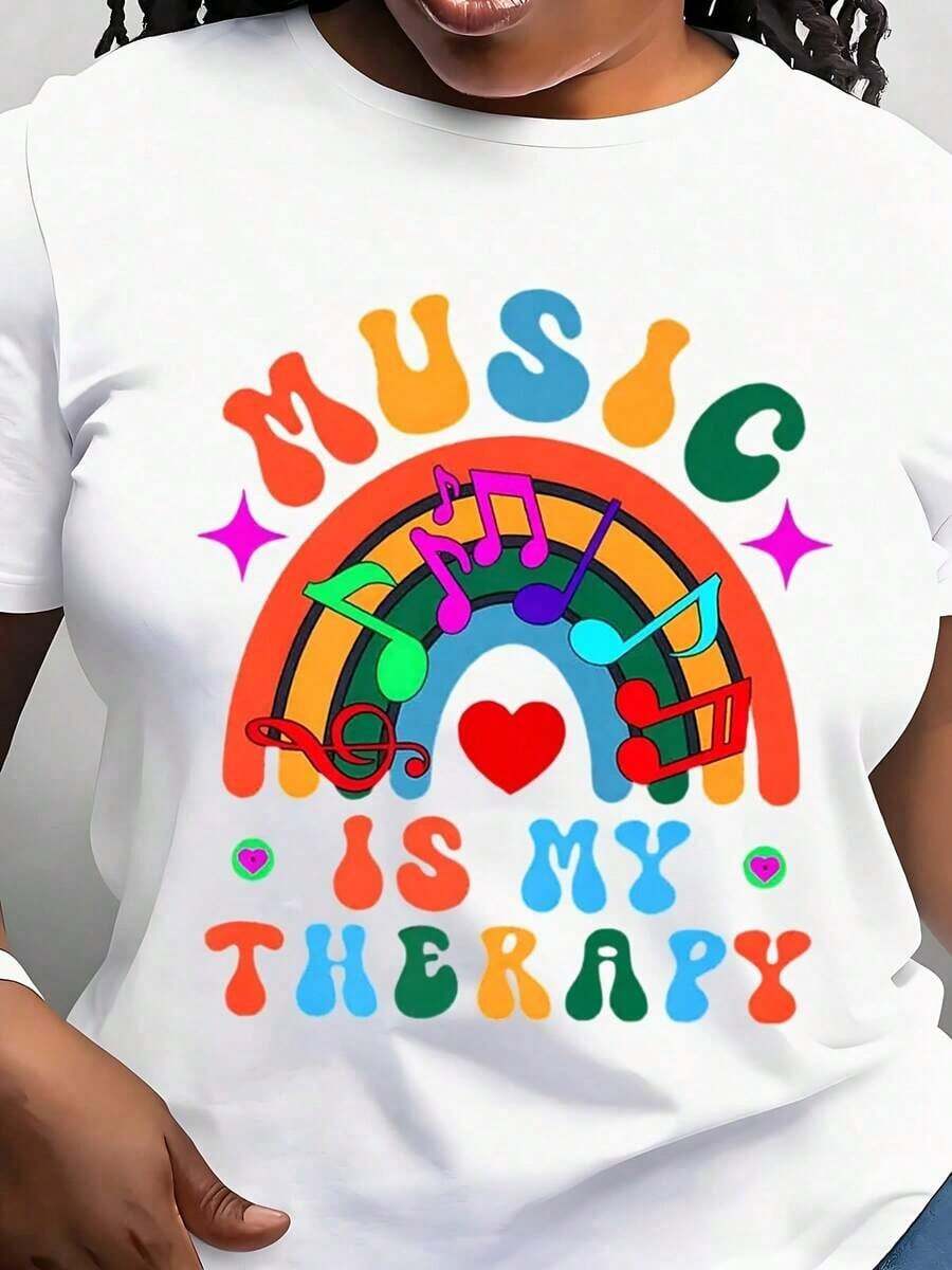Camiseta Musical para Mujer con Arcoíris y el Eslogan 'La Música es Mi Pasión' - Camiseta Casual de Manga Corta y Corte Holgado, con Estampado de Notas Musicales y Clave de Sol, Camiseta Negra para Terapeutas, Músicos, Concientización sobre Salud Mental - Blanco - Ver 1