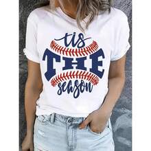 Camiseta Casual de Talla Grande para Mujer con Estampado de Béisbol, Mangas Cortas, Cuello Redondo y Lavable a Máquina, Adecuada para Madres Aficionadas al Béisbol y Entusiastas del Deporte, en Tela Deportiva Blanca. - Blanco - Ver 1