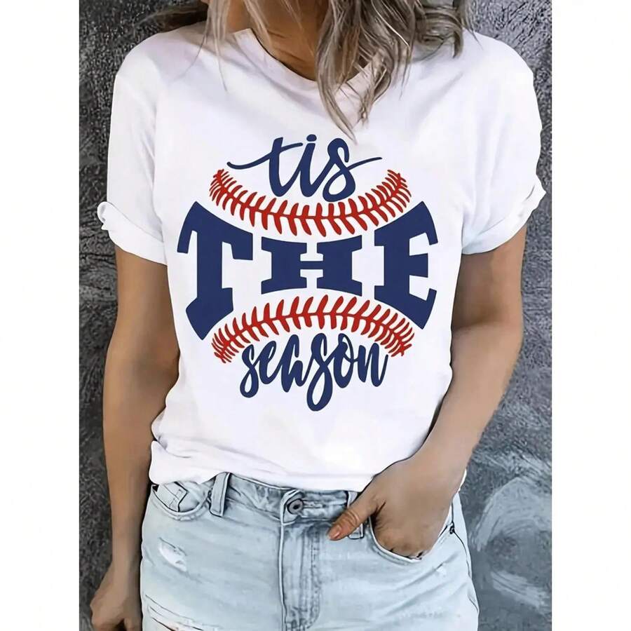 Camiseta Casual de Talla Grande para Mujer con Estampado de Béisbol, Mangas Cortas, Cuello Redondo y Lavable a Máquina, Adecuada para Madres Aficionadas al Béisbol y Entusiastas del Deporte, en Tela Deportiva Blanca. - Blanco - Ver 1