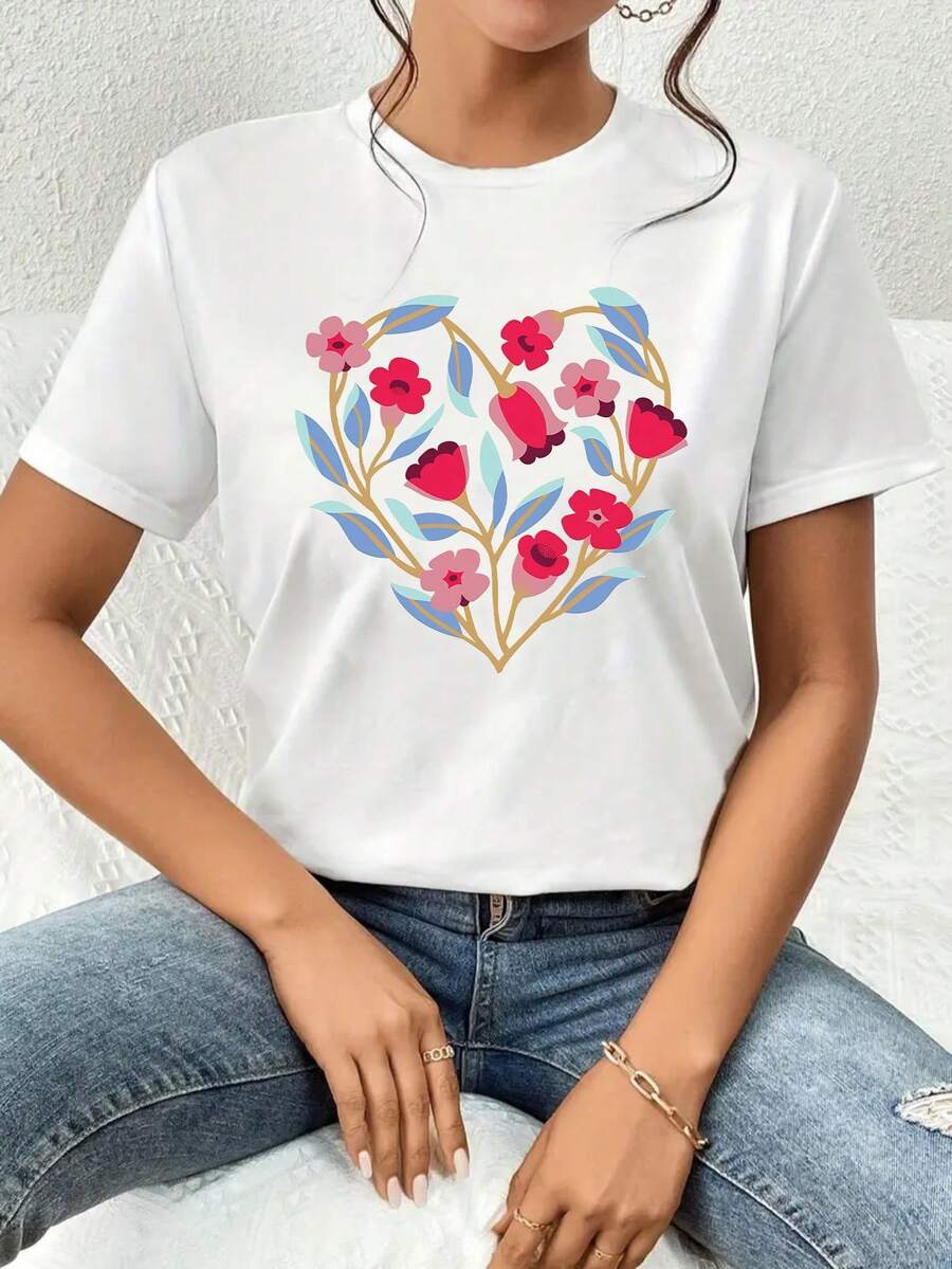 Women's Casual Short-Sleeved Crew Neck T-Shirt With Pink Heart Floral Print - The Perfect Choice For Valentine's Day, Spring And Summer. - 白色 - 查看 1