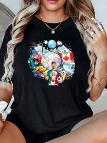 Bandera de México Estados Unidos y Canadá junto al balón de fútbol simbolizan unidad deportiva amistad cultural y pasión internacional camiseta de mujer casual cómoda para verano - Negro - Ver 6