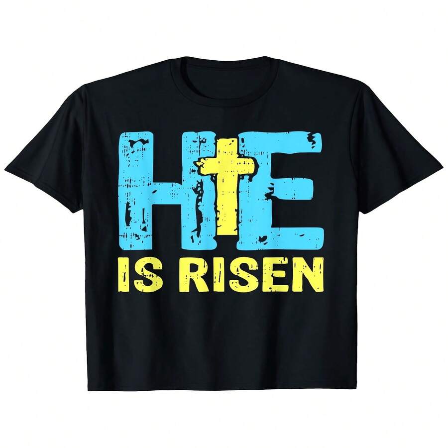 Día de la Independencia, Decoraciones exclusivas para el Día del Padre, él ha resucitado, Camiseta cristiana de Pascua, Estampado religioso, Combinación de colores azul y amarillo, Tejido grueso de 180 g/m2, Atuendo para el culto religioso, Celebración de Pascua Estilo unisex, Camiseta estampada de manga corta de verano 2025, Algodón puro 220 g/m2 - Negro - Ver 1