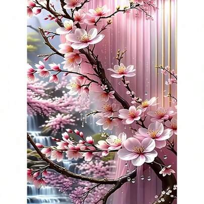 一套樱花瀑布图案钻石画套装，5D圆形亚克力钻石马赛克艺术品，适合家居墙面装饰马赛克工艺品，手工家居装饰礼品，万圣节和圣诞节礼物