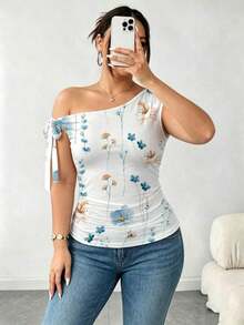 Camiseta ajustada de mujer talla grande de unicolor y cuello asimétrico, para verano - Multicolor 6 - Ver 5
