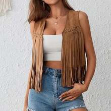 Chaleco con borlas de gamuza para mujer, traje hippie de los años 70, sin mangas, chaleco frontal abierto, chaqueta occidental - Marrón - Ver 6