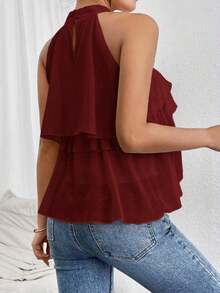 Blusa de gasa con volantes asimétricos y cuello suelto - Burdeos - Ver 7