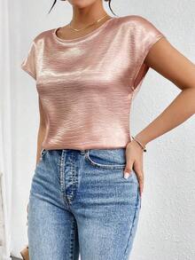 holgada y elegante casual con detalles metálicos en los hombros, blusa plisada de satén sólido de manga tipo murciélago para mujeres - Rosa - Ver 4