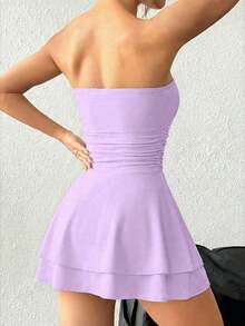 Vestido corto de escote palabra de honor con volantes y estampado de leopardo sexy - Morado - Ver 2