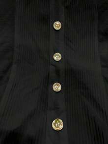 Camiseta estilo casual de verano para mujer de unicolor con botones delanteros y drapeado - Negro - Ver 5