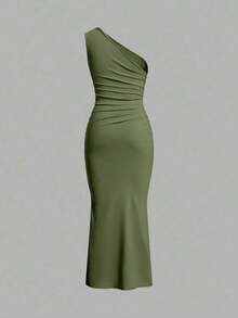 Vestido maxi de cola de pez con hombro asimétrico arrugado de unicolor sin mangas - Verde militar - Ver 2