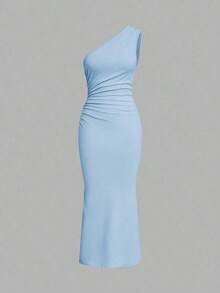 Vestido de fiesta largo hasta el suelo, sin mangas, con drapeado asimétrico y cola de pez, de unicolor para mujer - Azul - Ver 6