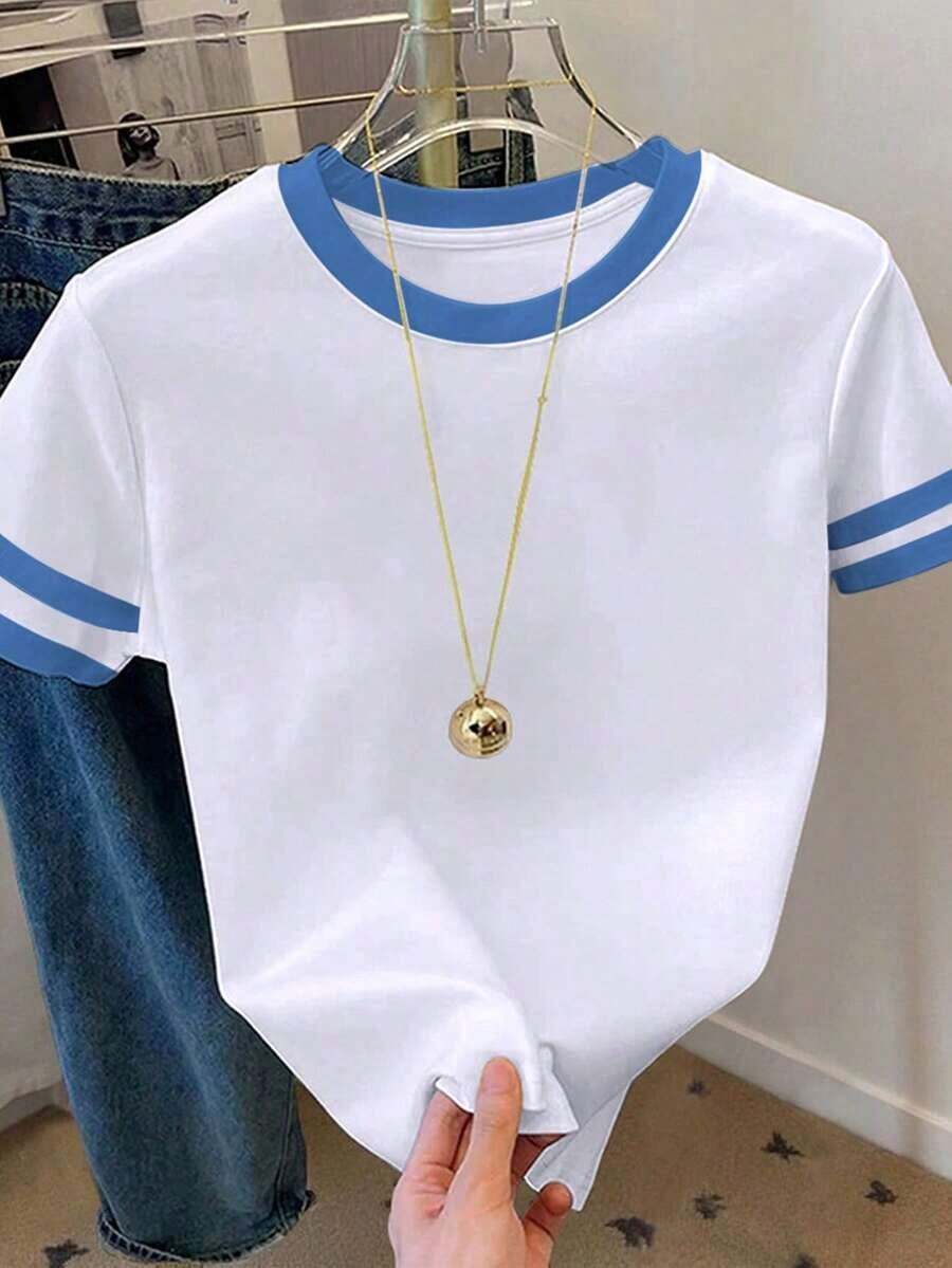 Camiseta de mujer de manga corta con cuello redondo y bloque de color, casual de verano - Blanco 2 - Ver 1