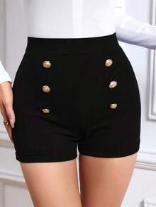Shorts de talle alto con botón falso - Negro - Ver 3
