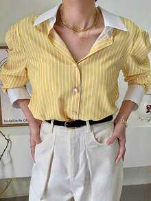 Camisa con botones con estampado de rayas, Top de manga larga - Amarillo - Ver 5