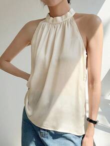 Blusa de cuello halter de unicolor casual de negocios para mujer, top sexy para salir - Beis - Ver 4
