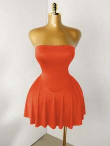 Vestido mini sin tirantes con dobladillo de volantes para mujer - Naranja - Ver 7