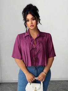 Blusa elegante corta con pliegues y lazo delantero para mujer - Morado - Ver 6