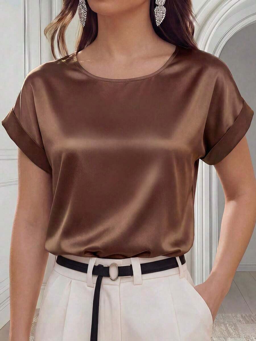 Blusa suelta elegante de verano para mujer con cuello redondo, mangas cortas tipo murciélago y unicolor - Blusas de manga corta - Marrón - Ver 1