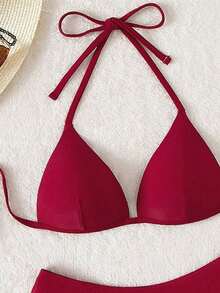 Conjunto de bikini liso, sujetador push up y parte inferior de bikini, traje de baño de 2 piezas - Burdeos - Ver 4