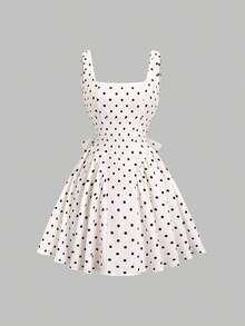 Vestido mini para mujer de alta gama, de estilo retroamericano, con estampado floral, espalda descubierta, corte slim, plisado, cuello asimétrico sin mangas y lunares - Blanco y Negro - Ver 3