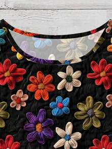 Blusa de mujer de cuello redondo y manga corta con estampado floral casual, adecuada para primavera/verano - Negro - Ver 4