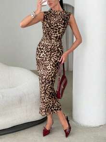 Vestido midi de Body con estampado abstracto rojo sin mangas, adecuado para el verano - Caqui - Ver 6