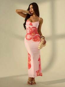 Vestido con tirantes de escote bajo y estampado floral rosa para estilizar la figura de mujer.Conjunto elegante y sexy para las vacaciones de verano - Rosa - Ver 6