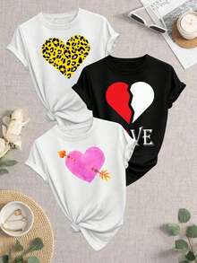Women's Fashion T-Shirt Set. Single Garment, Not A 3-Piece Set. 1 Piece/Set Of Long-Sleeved T-Shirts Suitable For Streetwear. Oversized Round Neck Top For Daily Outings, Camping, Concerts, Hip-Hop, Rock, And Rap Events. Heart T-Shirt For Valentine's Day For Women. Black And White T-Shirt For Couples. High-Quality Fabric For Summer And Autumn. Casual Style T-Shirt, Everyday Comfort, Y2K Gift, Fashionable Printed Design. - 黑色 - 查看 8