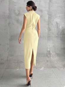 Vestido largo de mujer elegante y casual para uso diario, viajes y moda, con cuello mao, mangas drapeadas y cintura ceñida en color albaricoque - Amarillo claro - Ver 5