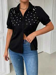 Blusa casual/de trabajo de manga corta elegante y ajustada con cuello con tachuelas para mujeres - Negro - Ver 6