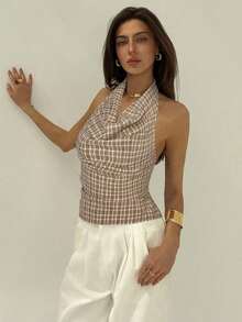 Blusa de mujer con escote profundo drapeado, sin espalda y con lazo trasero, de estilo elegante y sexy - Caqui - Ver 5