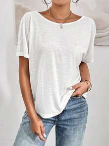 Camiseta gris de verano casual para mujer con escote trasero y nudo trenzado - Blanco - Ver 3