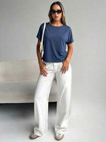 Camiseta gris de verano casual para mujer con escote trasero y nudo trenzado - Azul marino - Ver 4