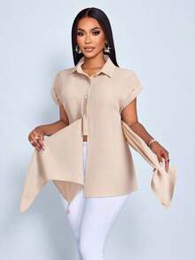 Camisa con botones y estampado de rayas para mujer, blusa casual y elegante con lazo delantero con estampado de rayas - Albaricoque - Ver 5