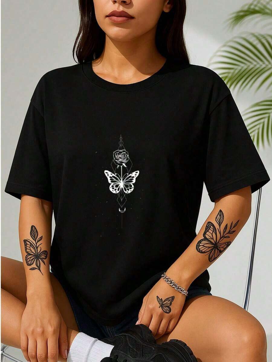 100% Cotton Women's Short Sleeve T-Shirts With Butterfly Flower Print, Round Neck Casual Black Cartoon Print Women's T-Shirts - 黑色 - 查看 1
