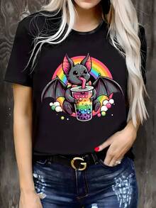 Plus Size Women's Casual T-Shirt, Printed, Round Neck, Short Sleeve, Slightly Stretchy Fabric, Regular Fit, Comfortable For All Seasons, Women's Clothing - 黑色 - 查看 7