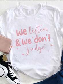 Camiseta de Concientización sobre Salud Mental para Mujeres - "Escuchamos, No Juzgamos" - Sin Juzgados, Corte Relajado - Prenda Diaria de Autocuidado para Terapeutas y Consejeras - Diseño Blanco con Letras Rosadas, Cuello Redondo, Tela Cómoda, Lavable a Máquina, Ropa Casual, Exclusiva para Psicoterapeutas y Consultores - Blanco - Ver 1