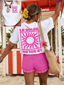 Camiseta de Mujer, Estilo Casual Urbano con Estampado Gráfico, Camiseta de Manga Corta, Bonita Blusa de Verano - Blanco - Ver 7