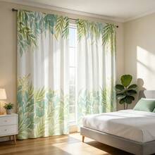 2PCS Green Leaf Pattern Printed Curtains With Rod Pocket Design, Providing Privacy And Light Filtration. Suitable For Decorating Bedrooms, Living Rooms, Offices, And Home Decor. Rod Pocket Design Allows For Easy Installation On Rods,Suitable For All Seasons, Protecting Privacy - Multicolor - View 2