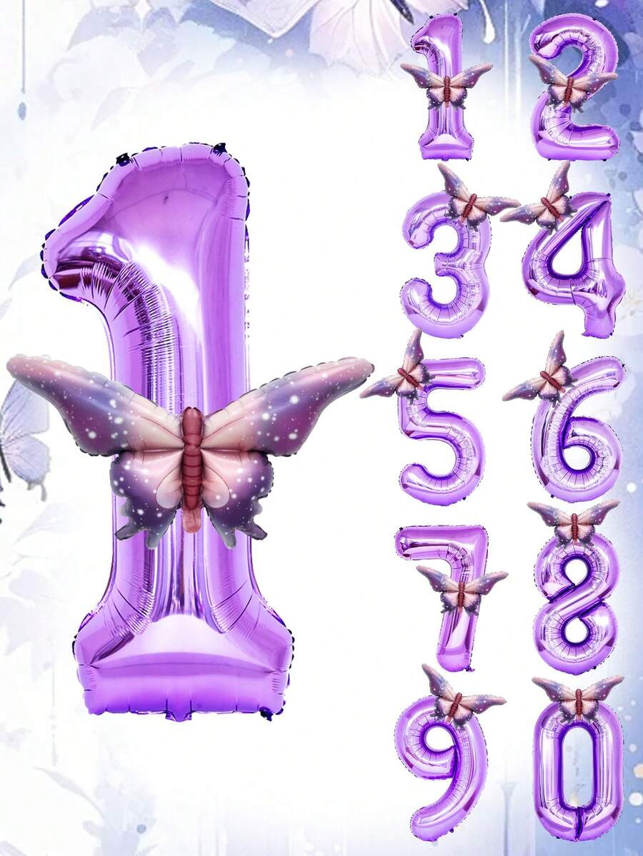 2pcs 40-Inch Purple Number Balloon Set, Large 0-9 Digit Foil Balloons, Ombre Butterfly Shaped Balloons, Suitable For Birthday Party, Baby Shower, Butterfly Theme Decor - Multicolor - View 1