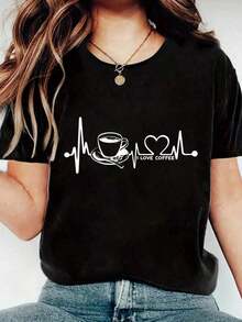 Women's 100% Cotton T-Shirt With Fun "I Love Coffee Heartbeat" Print, Crew Neck, Soft Short Sleeves For Spring And Summer, Fun Graphic Tees For Women. Oversized Casual Short Sleeve Crew Neck T-Shirt, Soft And Breathable Fabric For Parties And Gifts. Suitable For Spring, Summer, And Autumn. - 黑色 - 查看 1