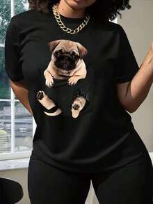 FASHIOGIRL Camiseta negra con diseño de perro pug estampado, estilo casual moderno para mujer, para amantes de los perros y para ocasiones informales, disponible en varias tallas, moda femenina,  en ropa de mascotas. - Negro - Ver 1