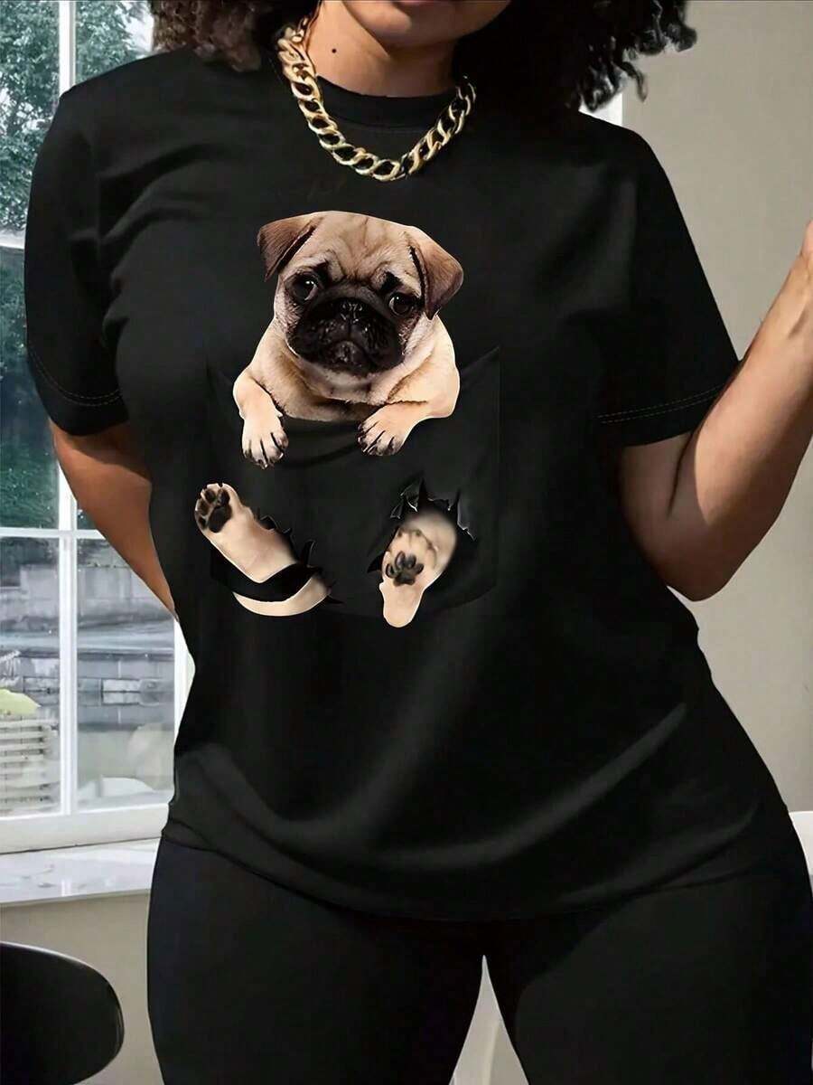 FASHIOGIRL Camiseta negra con diseño de perro pug estampado, estilo casual moderno para mujer, para amantes de los perros y para ocasiones informales, disponible en varias tallas, moda femenina,  en ropa de mascotas. - Negro - Ver 1