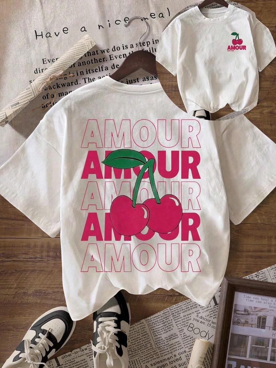 1 Pieza de Moda Casual para Hombres y Mujeres, Camiseta de Verano con Gráfico de Letras Cherry AMOUR, Camiseta Casual de Manga Corta con Cuello Redondo para Mujer. Versátil, fácil de combinar, adecuada para uso diario, estilo urbano, ropa de vacaciones, ropa de fin de semana. - Blanco - Ver 1
