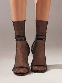 1 Pair Women's Black Pearlescent Shiny See-Through Mesh Stockings, Suitable For Party And Stage Performance, Mid-Calf Style Christmas Gift - One-size - View 2