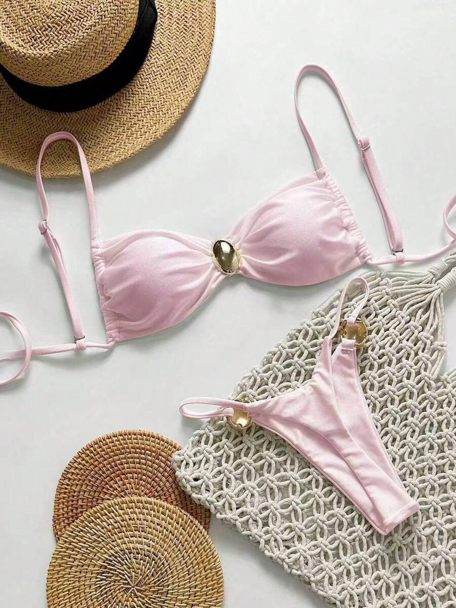 Bikini de color sólido, bikini sexy con lazos, traje de baño de dos piezas fresco y sencillo para mujer. - rosa - Ver 1