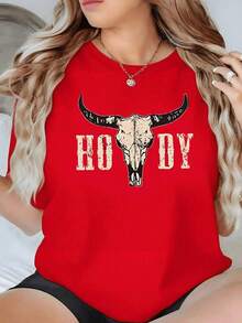 Loose Women's T-Shirt With A Bull Skull Print, Casual And Modern Style. Perfect For A Bold And Original Look! Basic Cotton T-Shirt With A Round Neck For Women. - 紅色的 - 查看 1