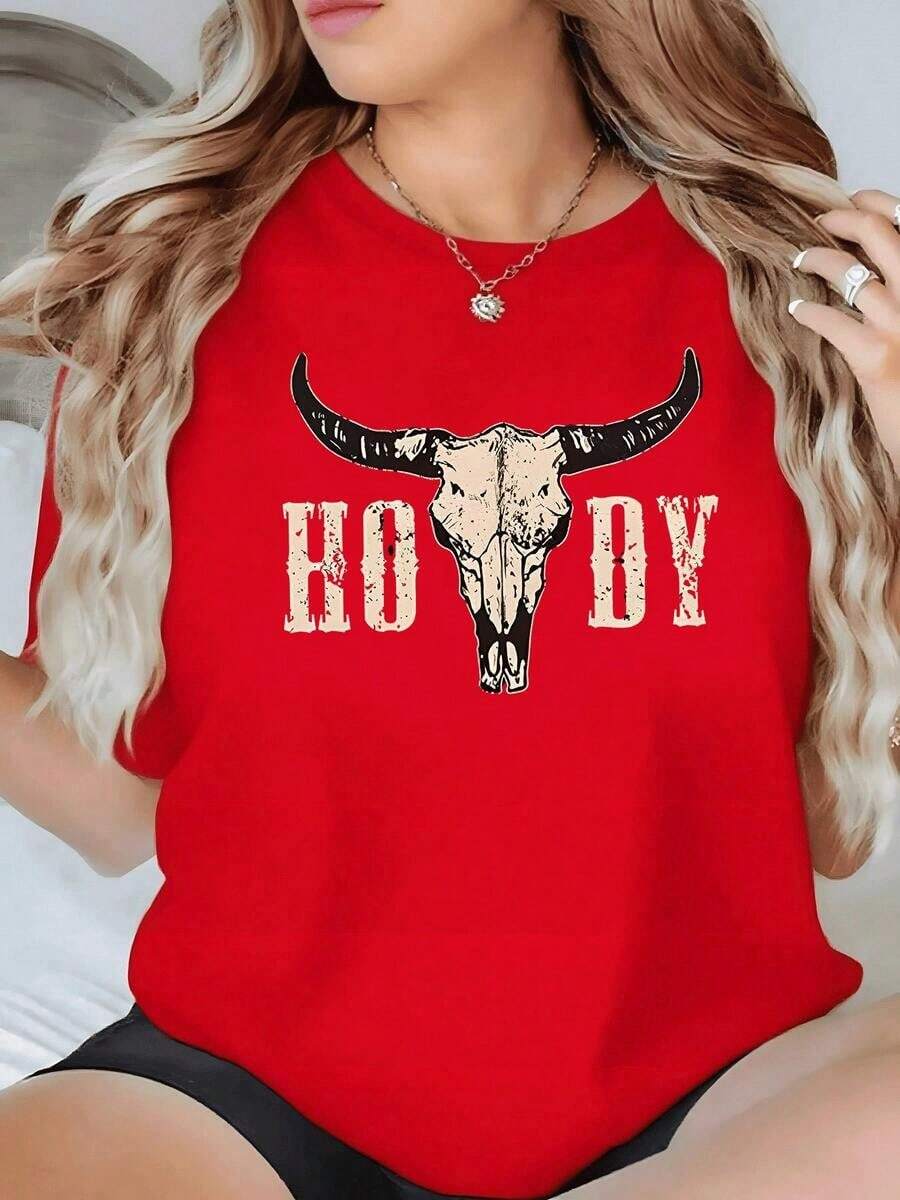 Loose Women's T-Shirt With A Bull Skull Print, Casual And Modern Style. Perfect For A Bold And Original Look! Basic Cotton T-Shirt With A Round Neck For Women. - 紅色的 - 查看 1